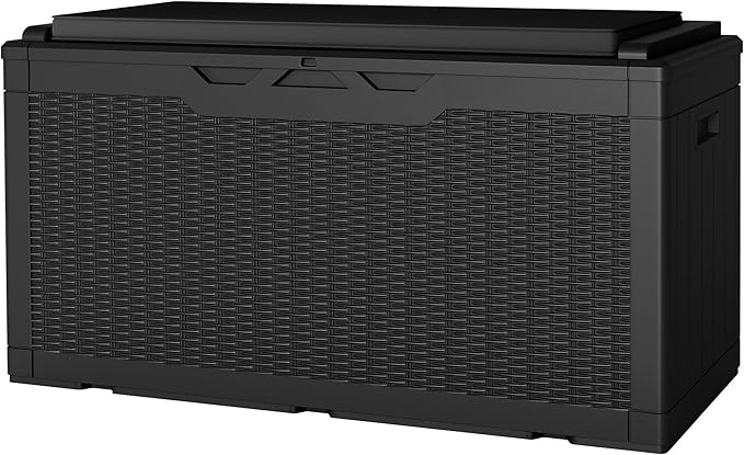 JUMMICO 100 Gallon Resin Deck Box with Cushion, Waterproof Outdoor Storage Box with Lockable Lid for Garden Tools, Patio Cushions (Black) by JUMMICO