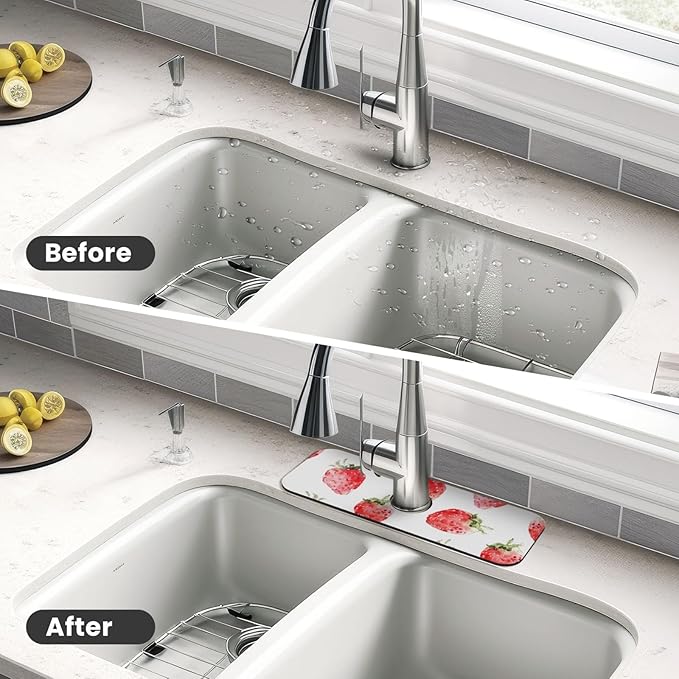 Faucet Draining Mat For Kitchen Sink, Watercolor Strawberries Diatom Mud - Image 4