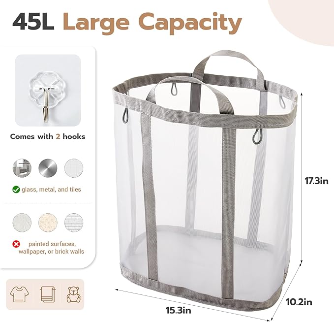 Mesh Laundry bag with Handles, 42L Collapsible Laundry Basket with 2 Hooks - Image 2