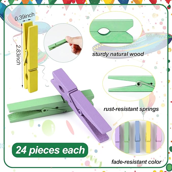 Weysat 120 Pcs Easter Colored Clothes Pins 2.9" Wooden Easter Clothesline Clips - Image 2