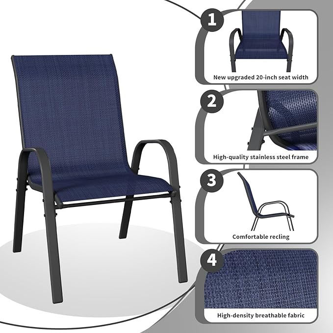Patio Dining Chairs Set of 6, Outdoor High Stacking Chairs，Breathable Seat Fabric and Alloy Steel Frame for Backyard, Porch, Garden, Sunroom (Blue) - Image 4