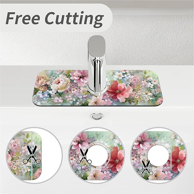 Kitchen Sink Splash Guard，soft-watercolor floral Faucet Mat Sink Gadgets-Super - Image 5