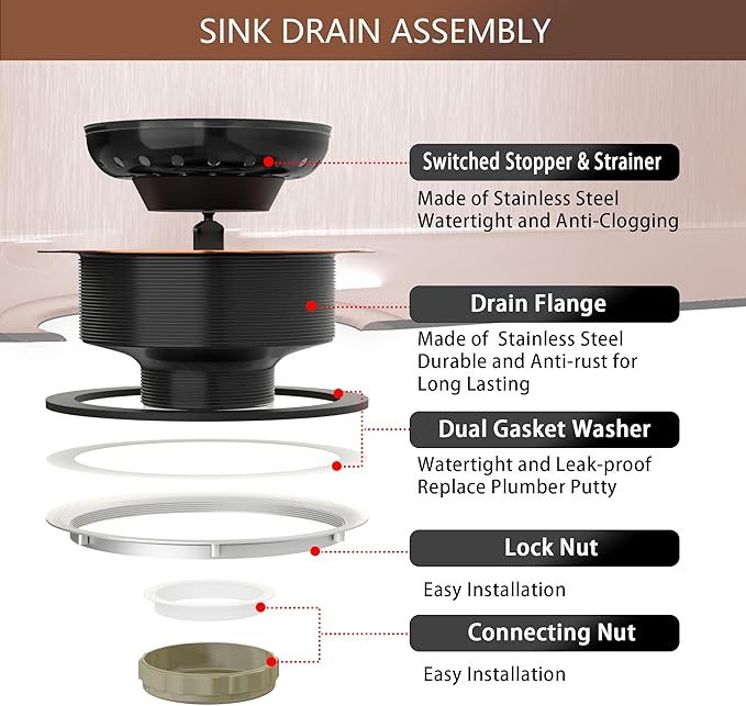 Kitchen Sink Drain Copper 3-1/2 Inch Stainless Steel Kitchen Drain Strainer - Image 9