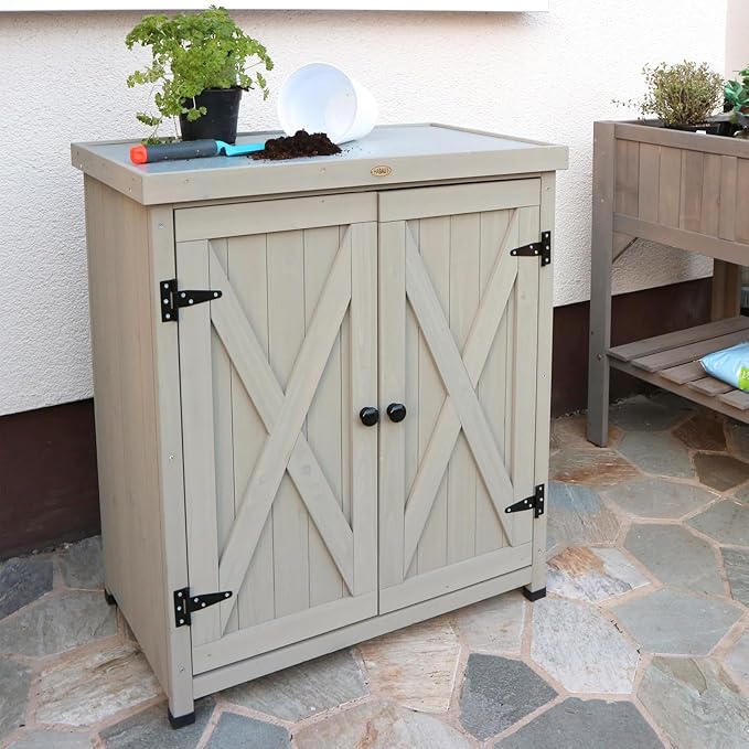 HABAU Outdoor Storage Cabinets Weatherproof for Patio, Garden Work Bench with Shelves & Metal Tabletop, Wooden Potting Table Workstation - Image 2