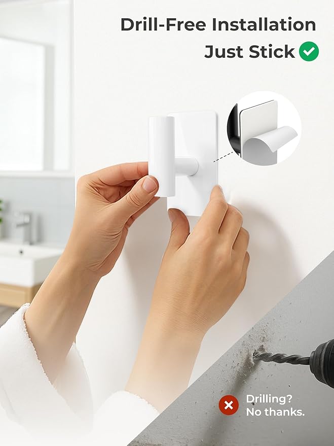 Towel Hooks for Bathrooms – 2 Pack, Smooth White Finish, T-Shaped Stainless - Image 3