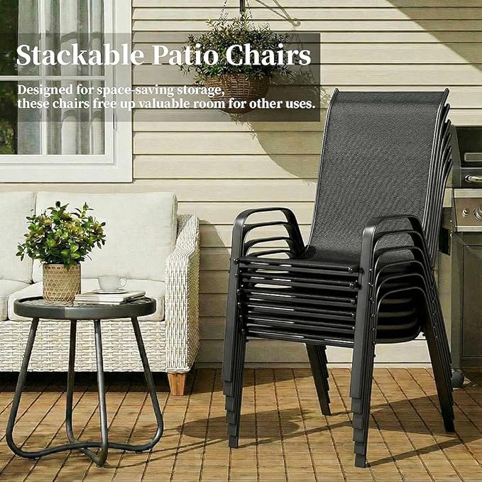 MAMIZO Patio Dining Chairs, Stackable All Weather Teslin Chair, Heavy Duty Outdoor Breathable Chairs Set, w/Armrests, Upgraded Chair FeetW/Strenthened Iron Spacers, 330 LBS (6, Black) - Image 6