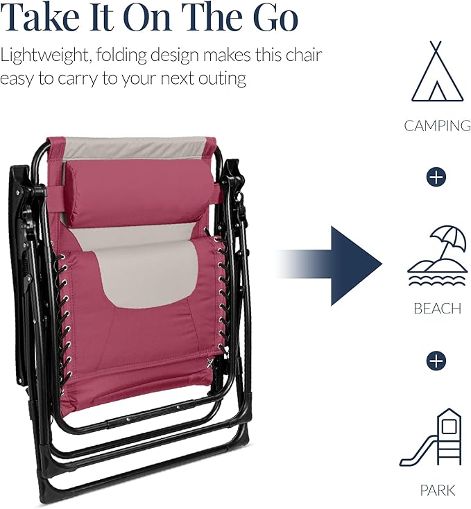 Best Choice Products Oversized Padded Zero Gravity Chair, Folding Outdoor Patio Recliner, XL Anti Gravity Lounger for Backyard w/Headrest, Cup Holder, Side Tray, Polyester Mesh - Pink/Taupe - Image 6