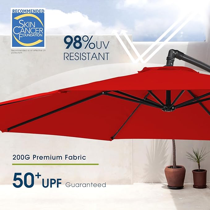 wikiwiki 10ft Patio Umbrella with Base Included, Outdoor Offset Cantilever Umbrella with Sandbag Base for Backyard, Garden and Pool, Easy to Tilt and Crank, Red - Image 3