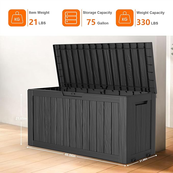 75 Gallon Resin Deck Box, Lockable Patio Outdoor Storage Box for Furniture, Garden Tools and Tools Storage, Waterproof Outside Storage Boxes - Black - Image 5