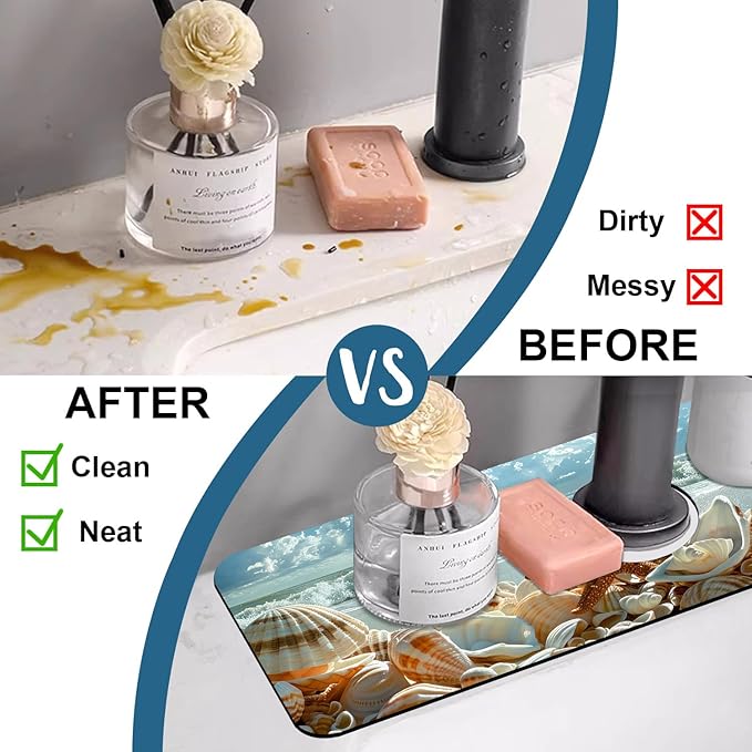 Beach Kitchen Sink Splash Guard Faucet Mat Shells Starfish Waves Super - Image 6