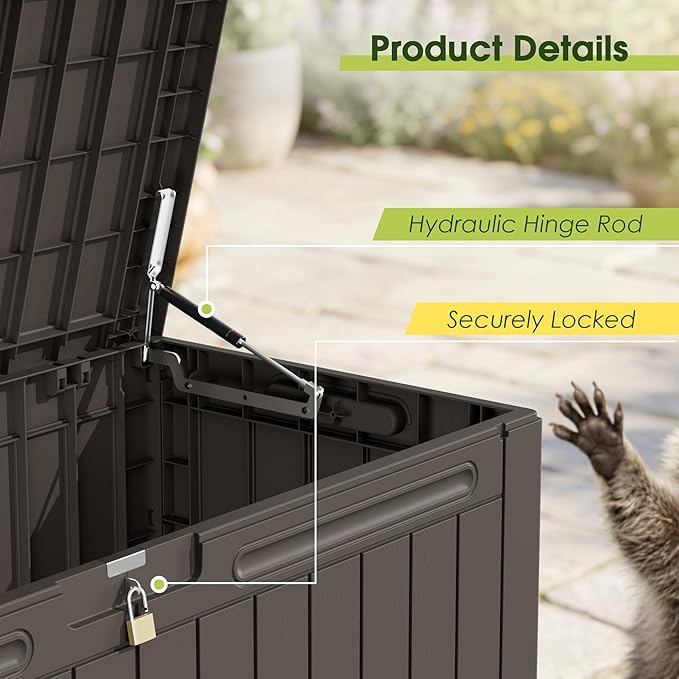 Devoko 100 Gallon Outdoor Storage Box, Waterproof Resin Deck Box for Patio Furniture, Lockable Container for Garden Cushions & Pool Supplies (Brown, 100 Gallon) - Image 7