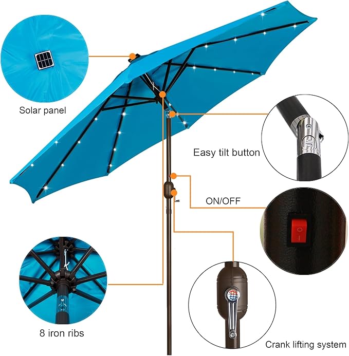 Blissun 9 ft Solar Umbrella, 32 LED Lighted Patio Umbrella, Table Market Umbrella, Outdoor Umbrella for Garden, Deck, Backyard, Pool and Beach (Light Blue) - Image 3