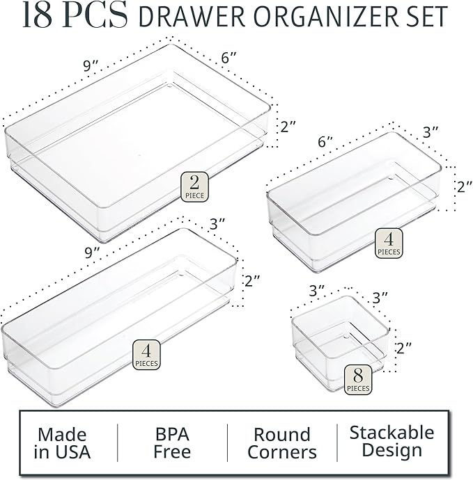 STORi SimpleSort 18-Piece Stackable Clear Drawer Organizer Set | Multi-size - Image 2