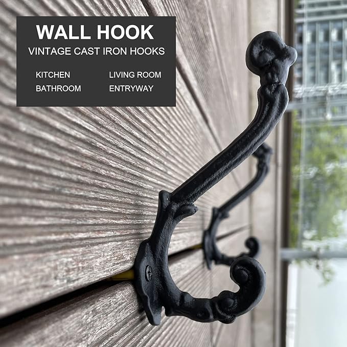 4 Pack Cast Iron Wall Hooks Antique Vintage Rustic Farmhouse Coat Hooks - Image 3