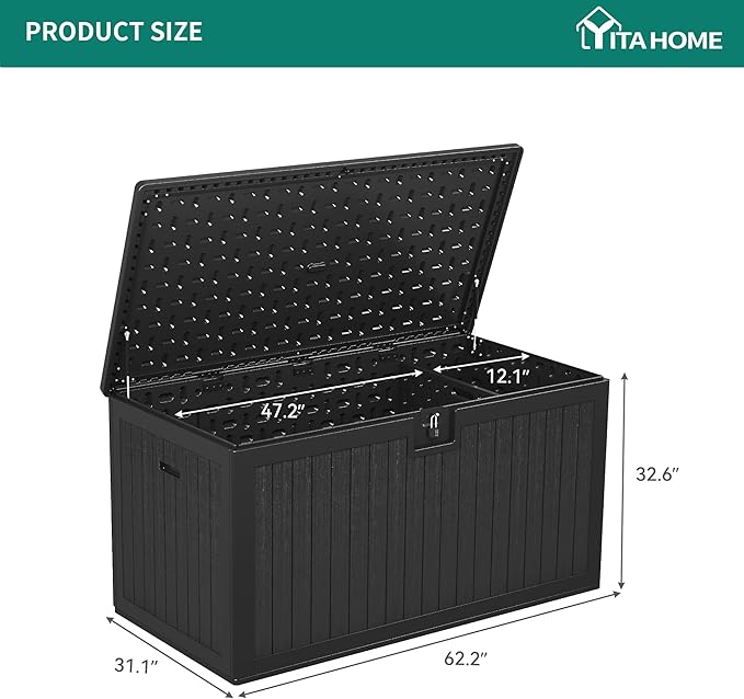 YITAHOME XXL 230 Gallon Large Deck Box,Outdoor Storage for Patio Furniture Cushions,Garden Tools with Flexible Divider,Waterproof,Lockable (Black) - Image 9