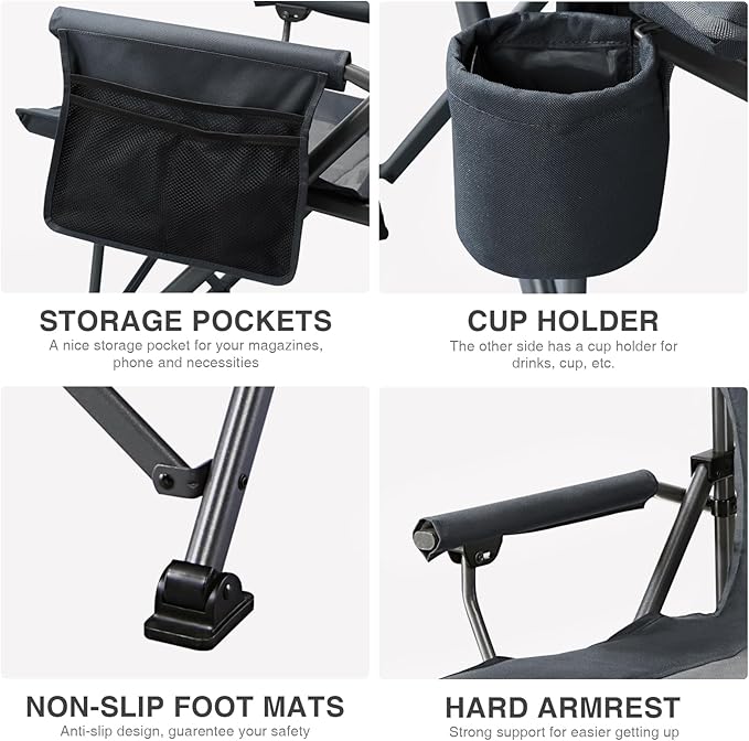 EVER ADVANCED Oversized Folding Camping Chair, for Adults Heavy Duty Lawn Chair with Side Pockets, Portable Collapsible Quad Chair for Outside, Support Up to 500lbs, Grey - Image 7