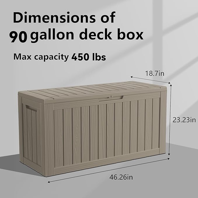 90 Gallon Resin Deck Box, Lockable Patio Outdoor Storage Box for Furniture, Garden Tools and Tools Storage, Waterproof Outside Storage Boxes - Grey - Image 4