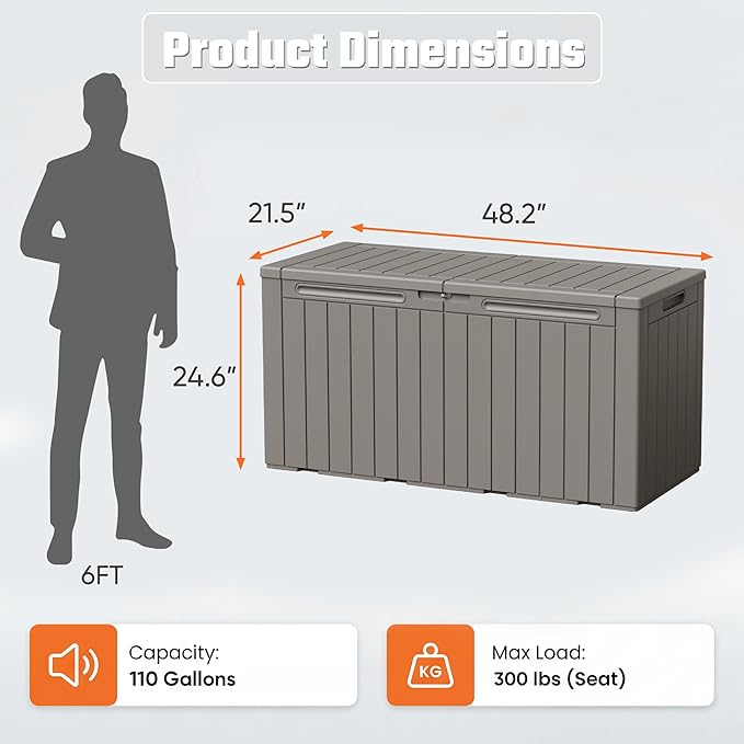 Greesum 110 Gallon Outdoor Storage Box with Lockable Lid, All-Weather Solution for Patio Furniture, Pool Supplies & Garden Tools, Waterproof, UV-Resistant Large Deck Box, Light Coffee - Image 7