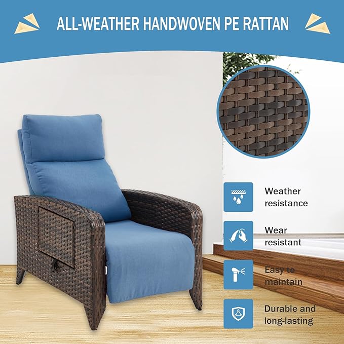 Upgraded Outdoor Recliner Chair, Reclining Patio Chairs with Adjustable Back up to 150°Lay Flat and Extended Footrest, Wicker Recliner Chairs with Flip Table and Removable Olefin Cushion - Image 6