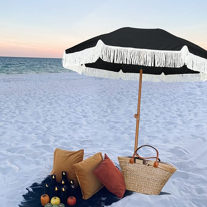 AMMSUN 7ft Patio Umbrella with Fringe Outdoor Tassel Umbrella UPF50+ Premium Steel Pole and Steel Ribs Push Button Tilt, Black - Image 7