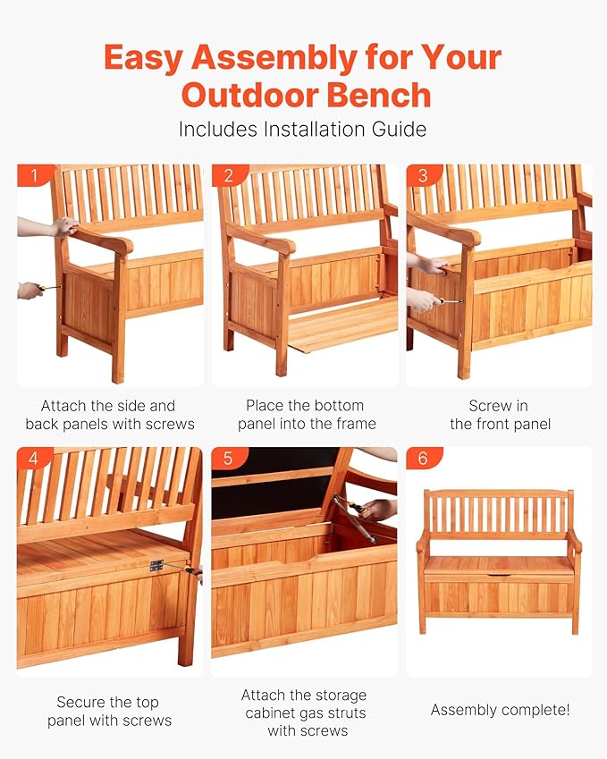 VEVOR Outdoor Storage Bench, 2-Person Wooden Storage Bench, 33 Gallons Deck Box with Side Handle, Supports up to 705 lbs, Weatherproof Outdoor Seating & Porch Decor, for Patio Garden Balcony Yard - Image 7