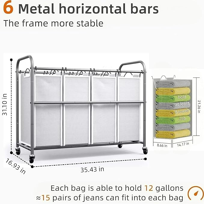 ROMOON Laundry Hamper Sorter Cart: 4-Section Organizer - Image 5