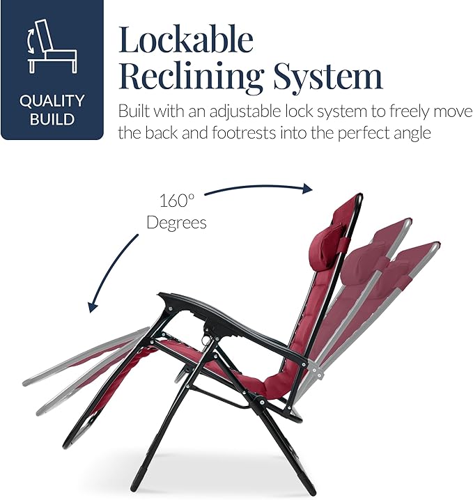 Best Choice Products Oversized Padded Zero Gravity Chair, Folding Outdoor Patio Recliner, XL Anti Gravity Lounger for Backyard w/Headrest, Cup Holder, Side Tray, Polyester Mesh - Burgundy - Image 7