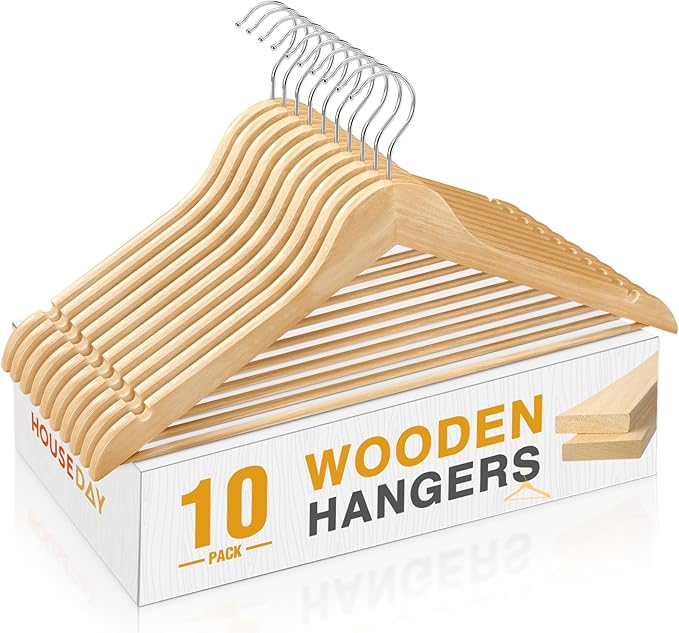 HOUSE DAY Slim Wooden Hangers 10 Pack, Solid Wood Hanger by HOUSEDAY