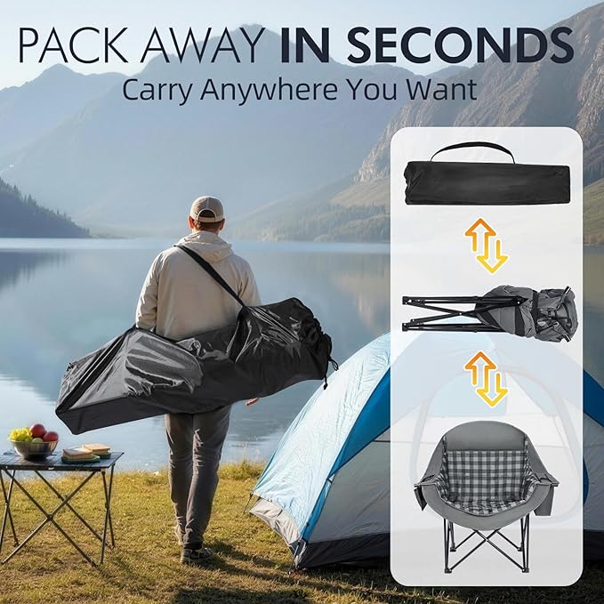 Oversized Camping Chairs for Adults - Heavy Duty Padded Outdoor Folding Lawn XL Camp Chair with Cup Holder Cooler Pockets for Outside Sports Beach Fishing Garden Portable Supports 500lbs, Grey - Image 6