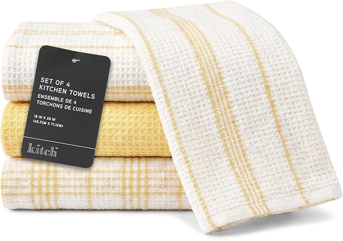 MosJos Kitchen Towels Set of 4 Dish Towels Yellow n White Waffle Weave Cotton by MosJos