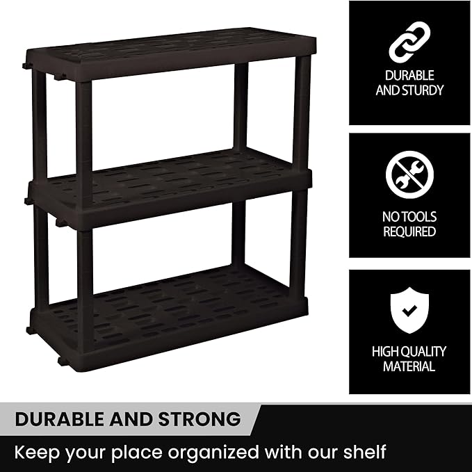 Oskar Heavy Duty Plastic Storage Shelves- for Garage, Kitchen, Bathroom Basement Kids Room, Stackable 3-Tier Black Organizer Rack for Books Shoes, Toys, Pantry, Cleaning and Closet Organization - Image 7