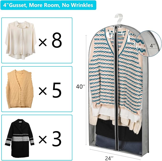 3 Pack 40" Garment Bags for Hanging Clothes Storage, Plastic Protector for Coat - Image 3