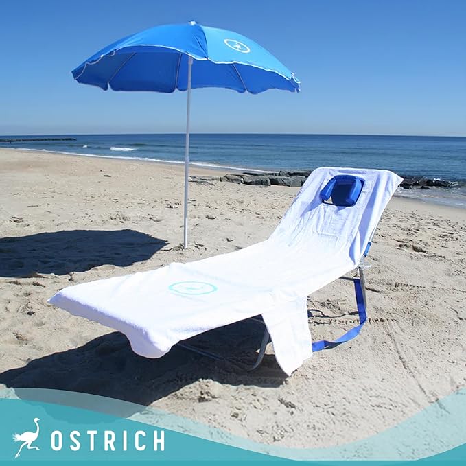 Ostrich Custom Fitted Towel for Chaise Lounge, Outdoor Beach Chair Cover with Storage Pockets, White - Towel Only - Chair Not Included - Image 2