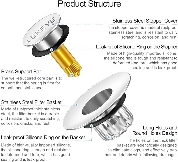 LEKEYE Tub Stopper | Shower Drain Hair Catcher | Pop-up Drain Stopper - Image 8