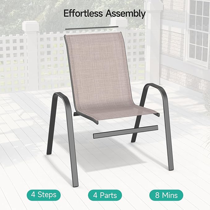 Patio Chairs Set of 6, Easily Set Up Stackable Outdoor Dining Chairs with High Back and Wide Seat, All Weather Breathable Outdoor Chairs Set of 6 with Metal Frame for Backyard Deck Pool, Brown - Image 4