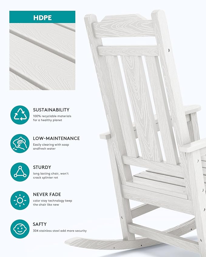 SERWALL Oversized Outdoor Rocking Chair Set of 2, HDPE Outdoor Rocking Chair for Adults, White - Image 6