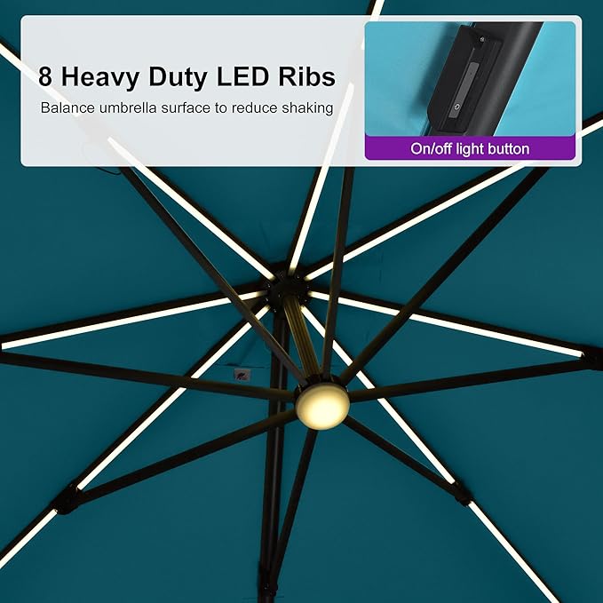 PURPLE LEAF 10 Feet Patio Umbrella with Base Outdoor Solar Powered LED Swivel Square Umbrella Offset Umbrella with 360-degree Rotation for Garden Deck Pool Patio, Turquoise Blue - Image 5
