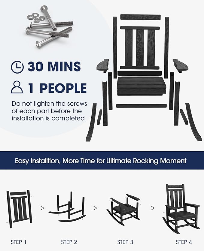 KINGYES Oversized Outdoor Rocking Chair Set of 4, All-Weather Patio Rocking Chairs for Porch, HDPE Outdoor Patio Rockers with High Back & Wide Seat for Garden, Lawn, Black - Image 5