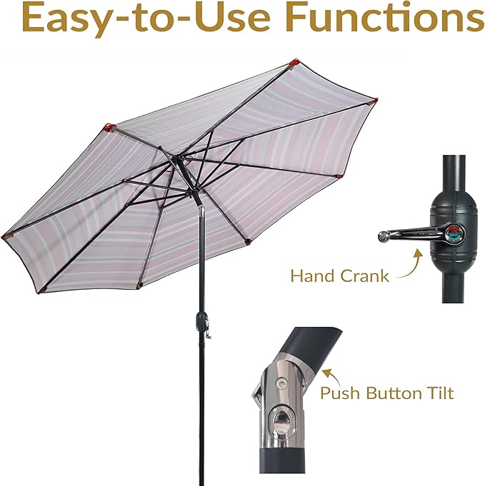 Sunnydaze Outdoor Patio Umbrella - Polyester Table Market Umbrella with Push-Button Tilt and Crank - 8 Sturdy Ribs - Awning Stripe - 9ft - Image 2