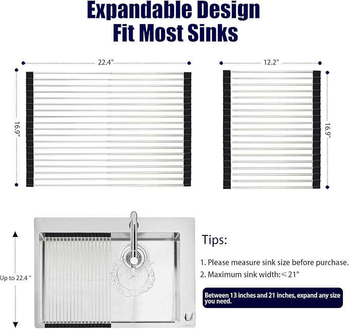 Roll Up Dish Drying Rack, Expandable Over The Sink Dish Drainer, Stainless - Image 2