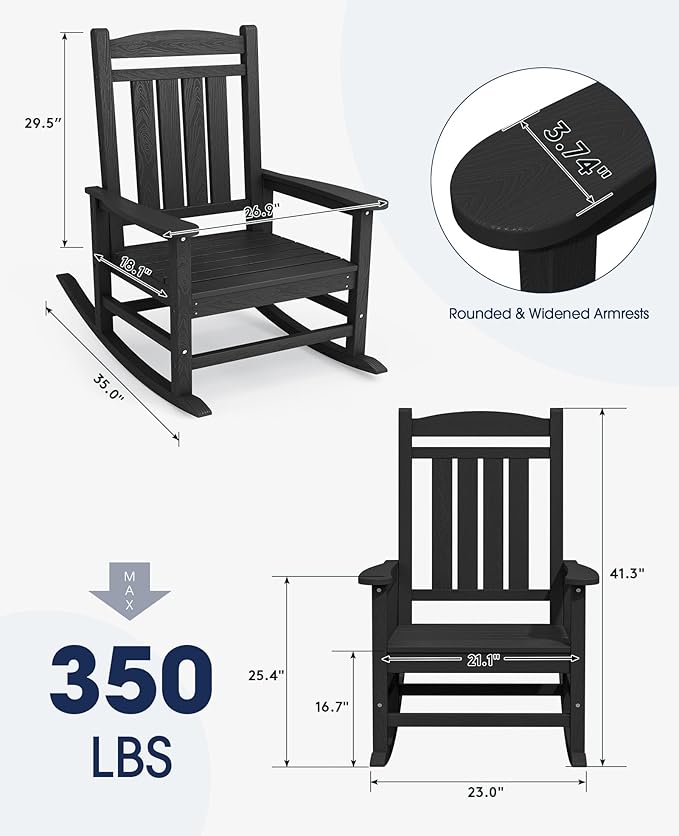 KINGYES HDPE Outdoor Rocking Chair Set of 4, Widened Seat Patio Rocking Chair, Oversized All Weather Patio Rocker, Black - Image 3