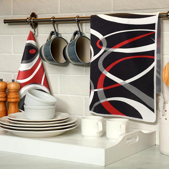 Boyiee Set of 6 Red Black Grey White Kitchen Towels Modern Geometric Dish Hand - Image 3