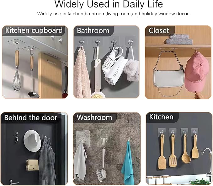 Adove Heavy Duty Wall Hooks, 30 Pack Transparent Stainless Steel & PVC Hooks - Image 5