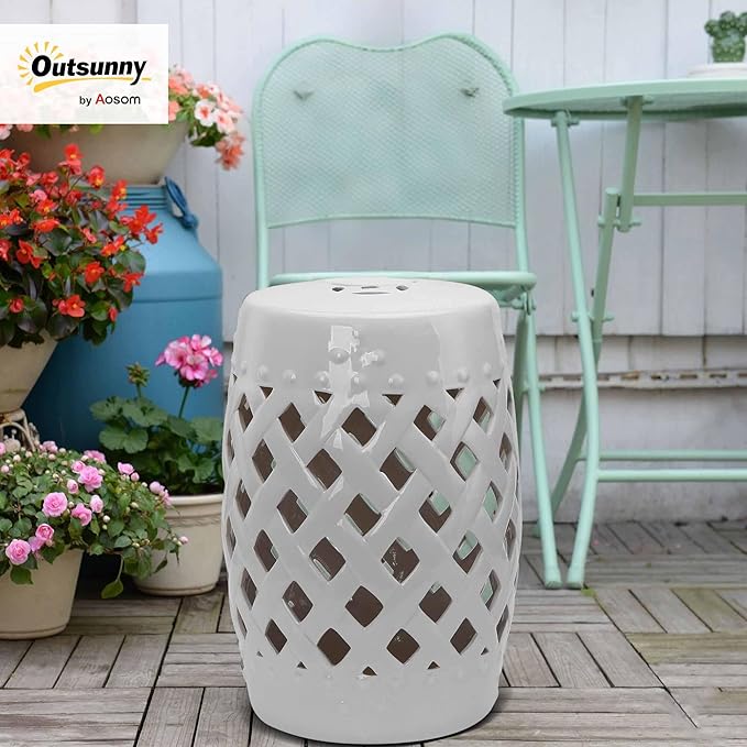 Outsunny 13" x 18" Ceramic Garden Stool with Woven Lattice Design & Glazed Strong Materials Decorative Outdoor Stool, White - Image 2