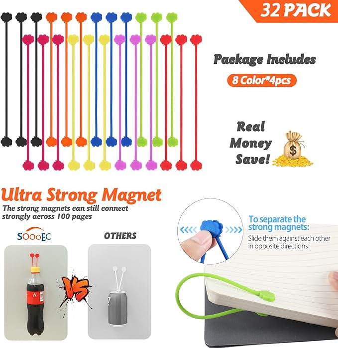 SOOOEC Snap On Magnetic Cable Ties, 32 Pack 7.2" Magnetic Cord Organizer Cute - Image 7