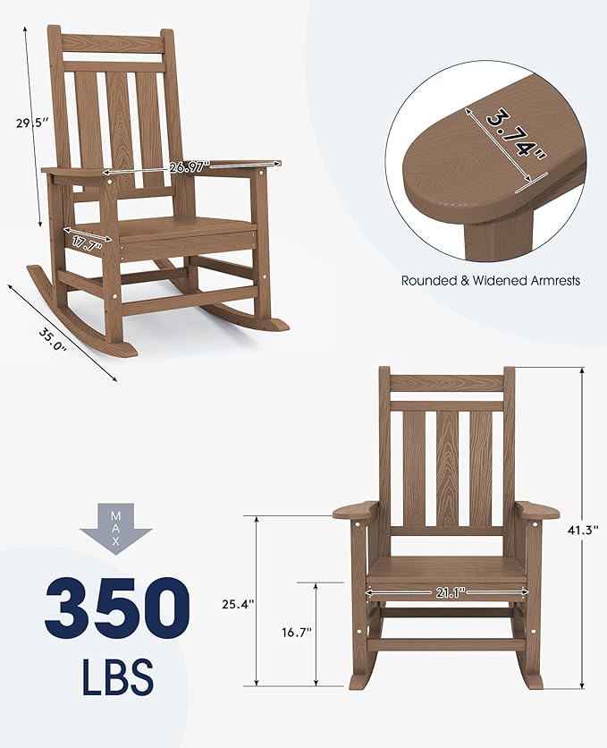 KINGYES Oversized Outdoor Rocking Chair, All-Weather Patio Rocking Chairs for Porch, HDPE Outdoor Patio Rockers with High Back & Wide Seat for Garden, Lawn, Brown - Image 3
