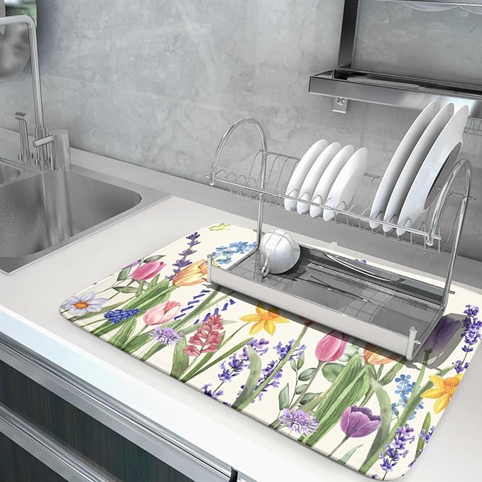 Spring Floral Dish Drying Mat for Kitchen Counter 18x24 Inch Spring Flowers - Image 5