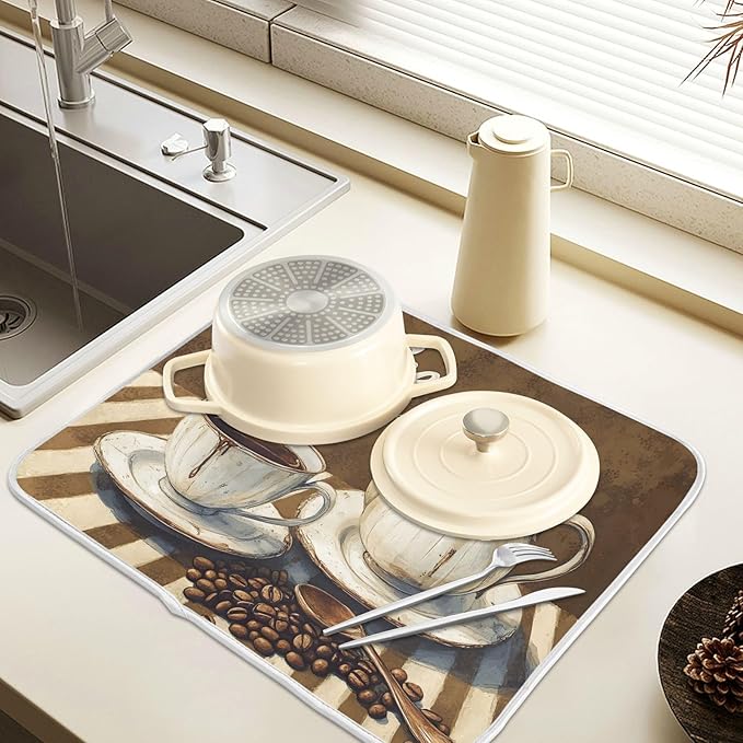Coffee Themed Dish Drying Mat for Kitchen Counter Absorbent Microfiber Large - Image 5