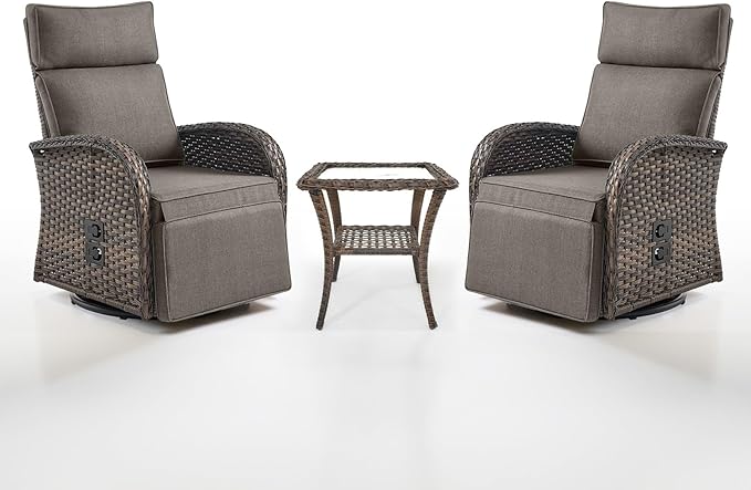 Dual-Adjust Swivel Outdoor Recliner Chair Set of 3 - Reclining Patio Chair with Adjustable Backrest and Footrest, All-Weather Wicker Chaise Lounge Outdoor with Side Table for Pool Deck Brown by Belord