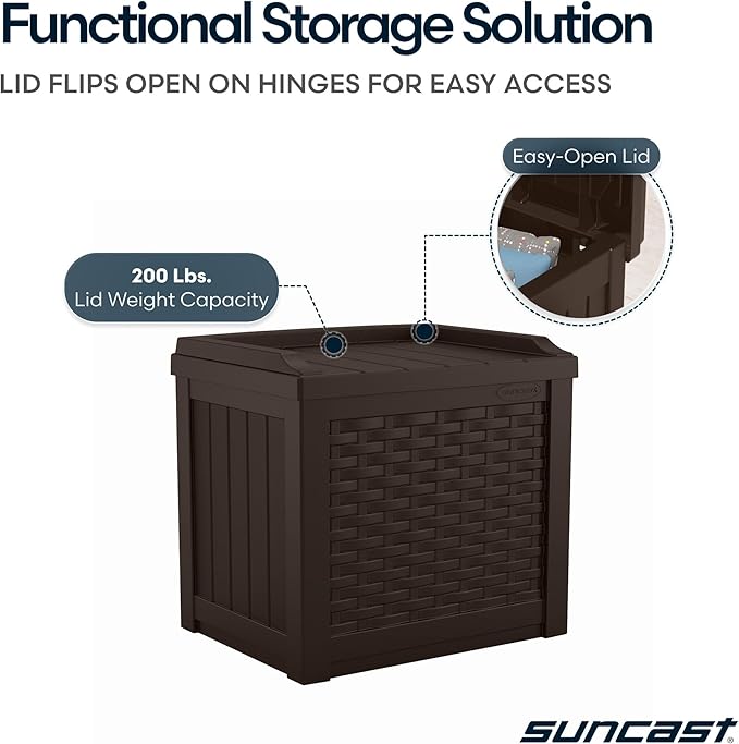 Suncast Outdoor Deck Box - 22 Gallon Java Resin Outdoor Storage Box, Weatherproof Patio Storage Bin Container for Seating & Organizing Cushions, Tools & Towels for Pool, Yard, & Garden - Image 6